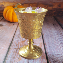 Load image into Gallery viewer, Vintage Brass Floral Chalice Candle (Spiced Pumpkin Latte)