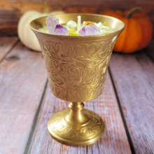 Load image into Gallery viewer, Vintage Brass Floral Chalice Candle (Spiced Pumpkin Latte)