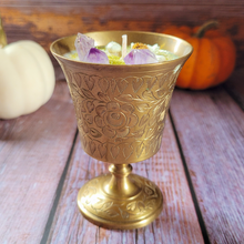 Load image into Gallery viewer, Vintage Brass Floral Chalice Candle (Spiced Pumpkin Latte)