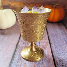 Load image into Gallery viewer, Vintage Brass Floral Chalice Candle (Spiced Pumpkin Latte)