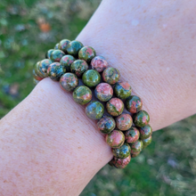 Load image into Gallery viewer, Unakite Gemstone Bracelet - Unakite Beaded Stretch Bracelet