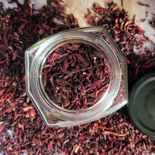 Load image into Gallery viewer, Organic dried Hibiscus flowers in Apothecary jar