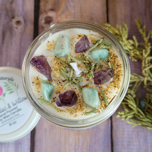 Load image into Gallery viewer, Spring equinox soy candle with amethyst crystals