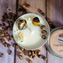 Load image into Gallery viewer, Coffee scented soy wax candle with tigers eye gemstones