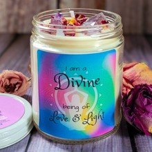 Load image into Gallery viewer, Candle in a jar with a colorful label featuring text and decorative elements.
