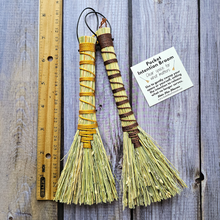 Load image into Gallery viewer, Two small brooms with a ruler for scale on a wooden surface.
