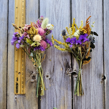 Load image into Gallery viewer, Two bouquets of dried flowers next to a ruler on a wooden surface
