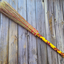Load image into Gallery viewer, Hand Painted Decorative Round Broom - 26" Folk Art Besom Broom Yellow and Pink
