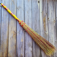 Load image into Gallery viewer, Hand Painted Decorative Round Broom - 26" Folk Art Besom Broom Yellow and Pink
