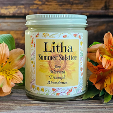 Load image into Gallery viewer, Litha Ritual Candle – Floral Summer Solstice Soy Candle for Sun Energy, Joy &amp; Seasonal Celebration
