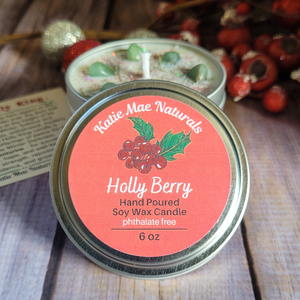 Holly King holiday scented soy wax candle with crystals 