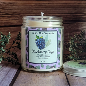 Blackberry sage hand poured soy wax candle with crystals 