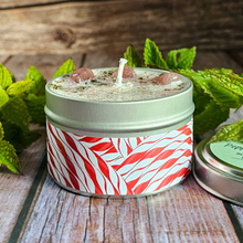 Load image into Gallery viewer, Peppermint Mocha hand poured soy wax candle with crystals 
