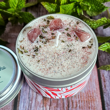 Load image into Gallery viewer, Peppermint mocha hand poured soy wax candle with crystals 
