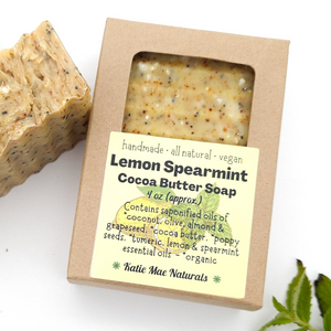 Vegan lemon spearmint soap with turmeric and poppy seeds