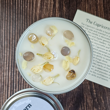 Load image into Gallery viewer, Hand poured soy wax candle with gemstones for Capricorn 

