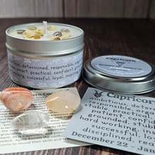 Load image into Gallery viewer, Soy wax candle and 3 crystals for Capricorn 
