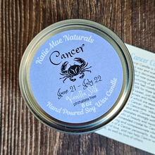 Load image into Gallery viewer, Cancer zodiac candle 6 oz scented in vanilla silk
