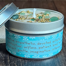Load image into Gallery viewer, Hand poured soy wax candle with crystals for zodiac sign Pisces 
