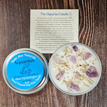 Load image into Gallery viewer, Hand poured soy wax candle with crystals for zodiac sign Aquarius 
