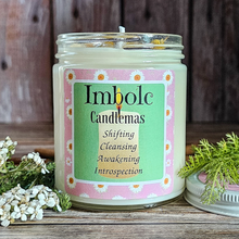 Load image into Gallery viewer, Soy candle with crystals for Imbolc Wheel of the Year 
