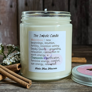 Soy wax candle with crystals for Imbolc altar 