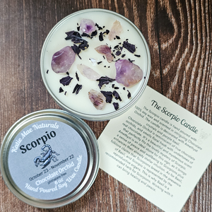 Scorpio soy wax candle with amethyst crystals