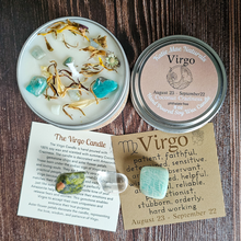 Load image into Gallery viewer, Virgo gift set with a soy wax candle and 3 gemstones
