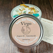 Load image into Gallery viewer, Hand poured soy wax candle with crystals for zodiac sign Virgo 
