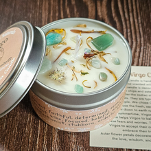 Load image into Gallery viewer, Soy wax candle with gemstones for zodiac sign Virgo 
