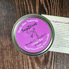 Load image into Gallery viewer, Sagittarius soy candle with crystals 
