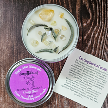 Load image into Gallery viewer, Hand poured soy wax candle with crystals for zodiac sign Sagittarius 
