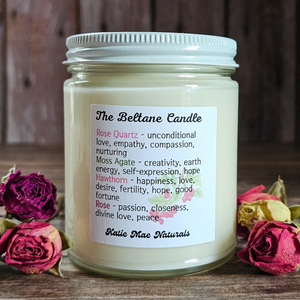 Beltane soy candle with rose quartz and moss agate
