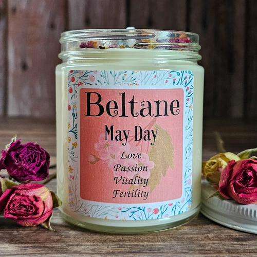 Beltane altar candle with crystals 