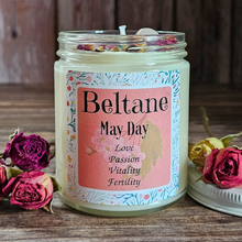 Load image into Gallery viewer, May Day soy candle with crystals Beltane altar candle 
