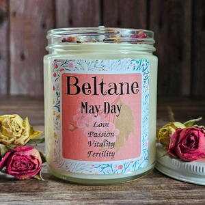 Beltane altar candle with crystals 