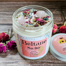 Load image into Gallery viewer, Beltane soy candle with crystals 
