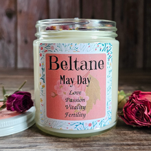 Load image into Gallery viewer, Beltane may day candle with crystals 
