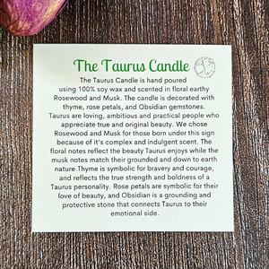 Taurus candle description card 