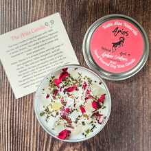 Load image into Gallery viewer, Hand poured soy wax candle with crystals for zodiac sign Aries 
