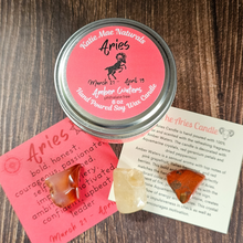 Load image into Gallery viewer, Aries soy candle and crystals
