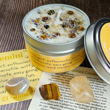 Load image into Gallery viewer, Hand poured soy wax candle with crystals for zodiac sign Gemini 
