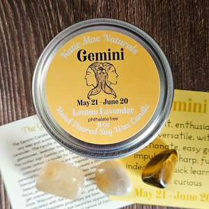 Gemini soy candle and crystals