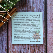 Load image into Gallery viewer, Description card for small fresh evergreen bundle for Yule decor with cinnamon and star anise
