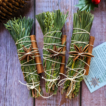 Load image into Gallery viewer, Small fresh evergreen bundle for Yule decor with cinnamon and star anise
