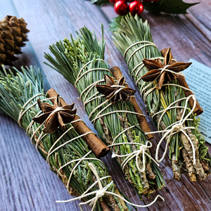 Small fresh evergreen bundle for Yule decor with cinnamon and star anise