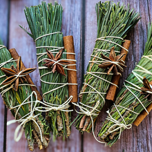 Load image into Gallery viewer, Small fresh evergreen bundle for Yule decor with cinnamon and star anise
