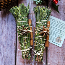 Load image into Gallery viewer, Small fresh evergreen bundle for Yule decor with cinnamon and star anise
