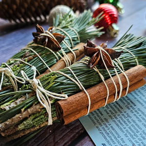 Small fresh evergreen bundle for Yule decor with cinnamon and star anise