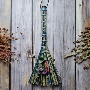 Small blue altar broom with dried flowers